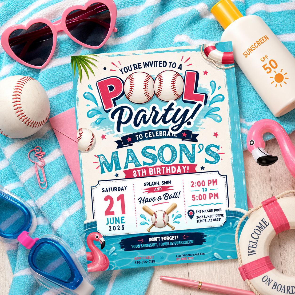 Editable Baseball Pool Birthday Invitation Canva Template, Cream Teens Pool Cute Fun DIY Chic Kids Party Invite, Printable Digital Download.