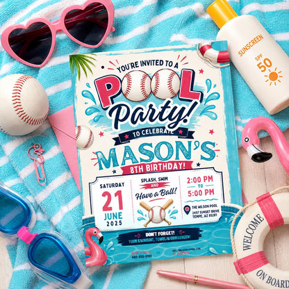 Editable Baseball Pool Birthday Invitation Canva Template, Cream Teens Pool Cute Fun DIY Chic Kids Party Invite, Printable Digital Download.