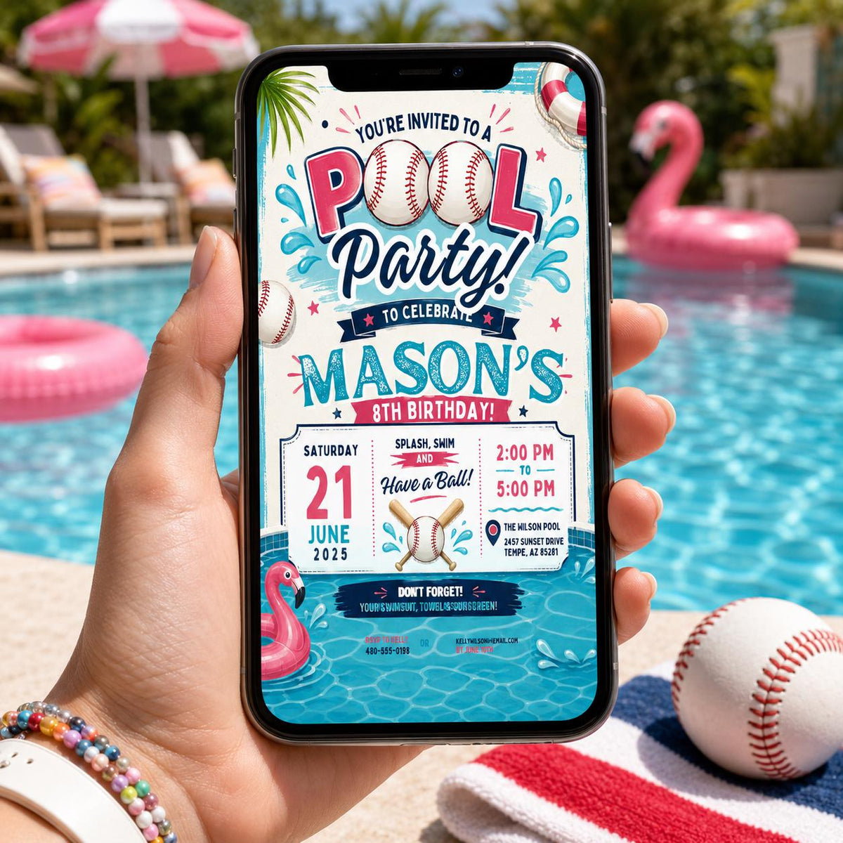 Editable Baseball Pool Birthday Invitation Canva Template, Cream Teens Pool Cute Fun DIY Chic Kids Party Invite, Printable Digital Download.