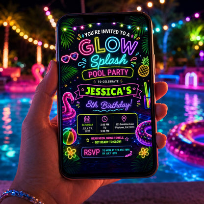 Editable Pool Birthday Invitation Canva Template, Neon Girls Pool Cute Modern Fun Themed DIY Sweet Party Invite, Printable Digital Download.