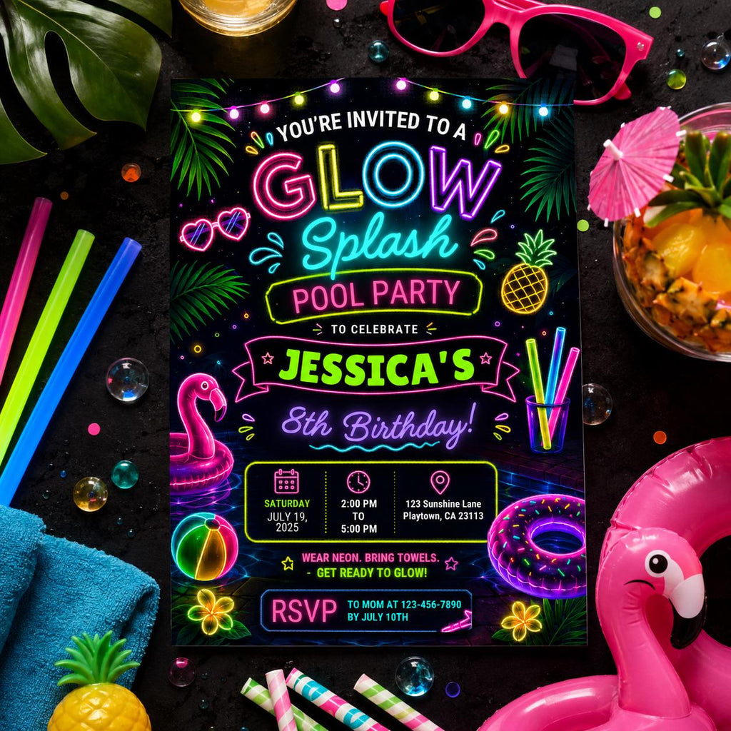 Editable Pool Birthday Invitation Canva Template, Neon Girls Pool Cute Modern Fun Themed DIY Sweet Party Invite, Printable Digital Download.