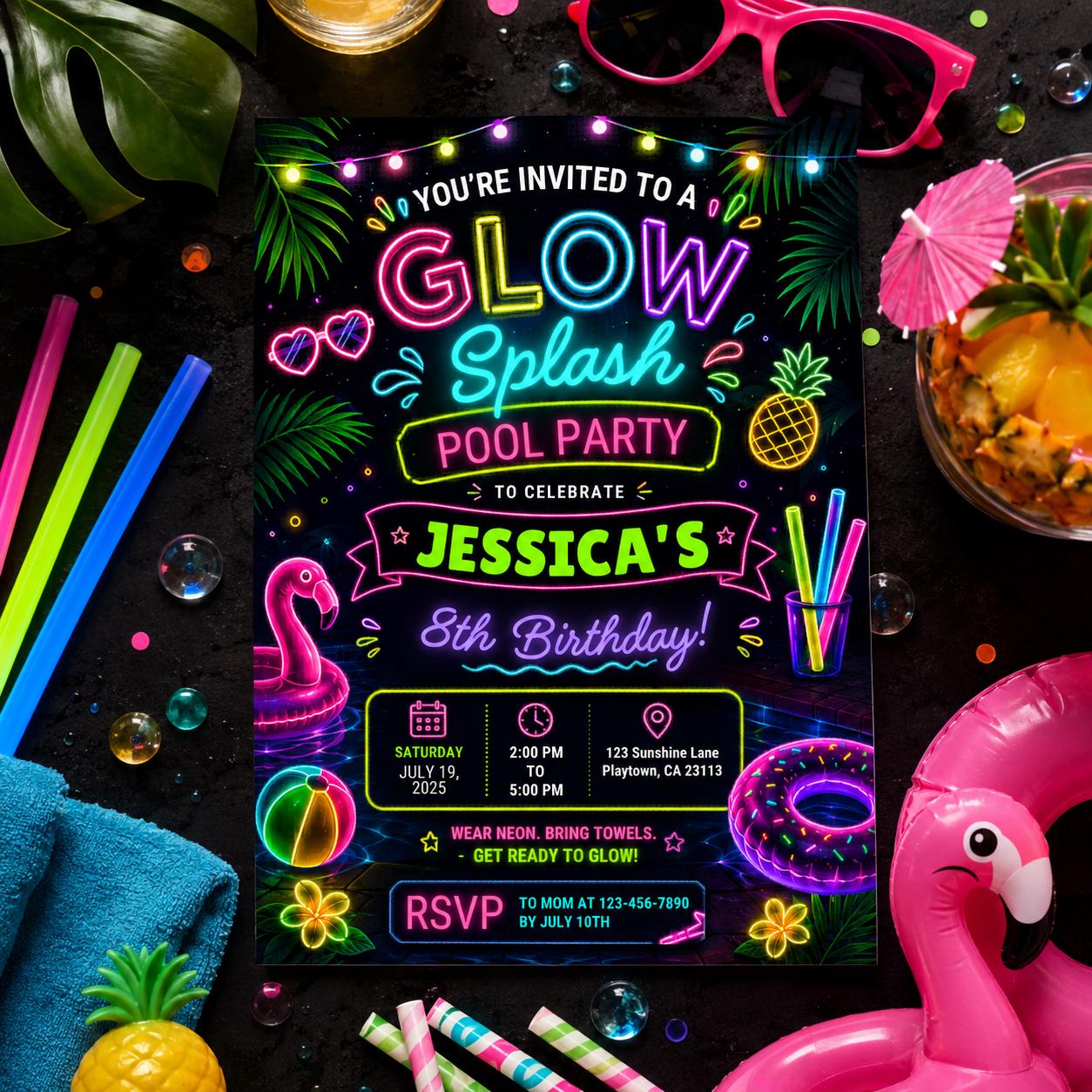 Editable Pool Birthday Invitation Canva Template, Neon Girls Pool Cute Modern Fun Themed DIY Sweet Party Invite, Printable Digital Download.