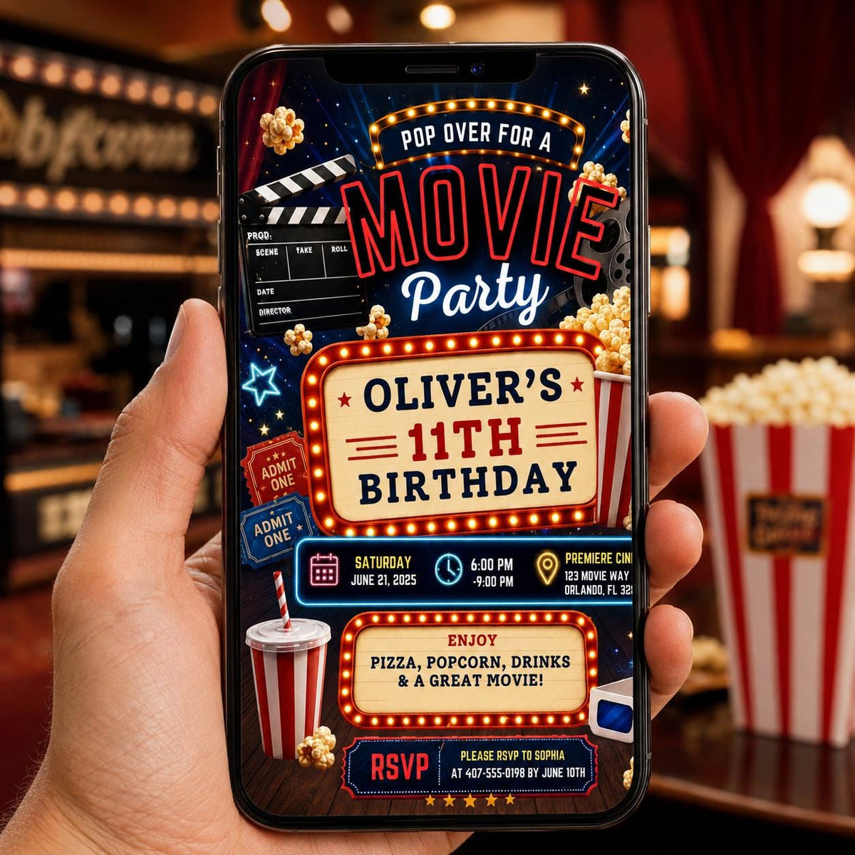 Editable Movie Birthday Invitation Canva Template, Kids Cute Modern Fun Themed DIY Sweet Chic Teen Party Invite, Printable Digital Download.