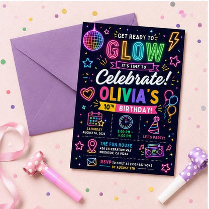 Editable Glow Birthday Invitation Canva Template, Neon Girls Cute Modern Fun Themed DIY Sweet Chic Party Invite, Printable Digital Download.