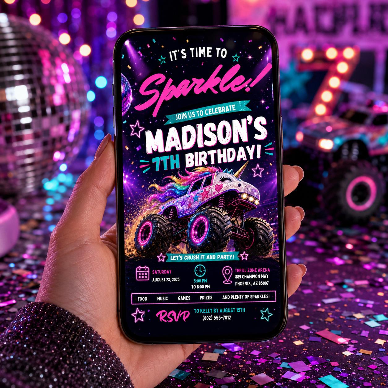 Editable Monster Birthday Invitation Canva Template, Pink Purple Girls Kids Cute Fun DIY Chic Teen Party Invite, Printable Digital Download.
