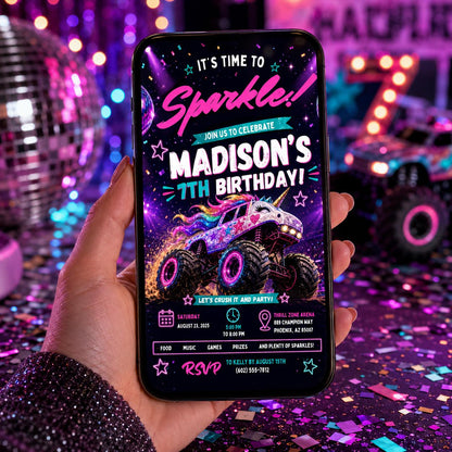 Editable Monster Birthday Invitation Canva Template, Pink Purple Girls Kids Cute Fun DIY Chic Teen Party Invite, Printable Digital Download.