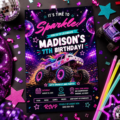 Editable Monster Birthday Invitation Canva Template, Pink Purple Girls Kids Cute Fun DIY Chic Teen Party Invite, Printable Digital Download.