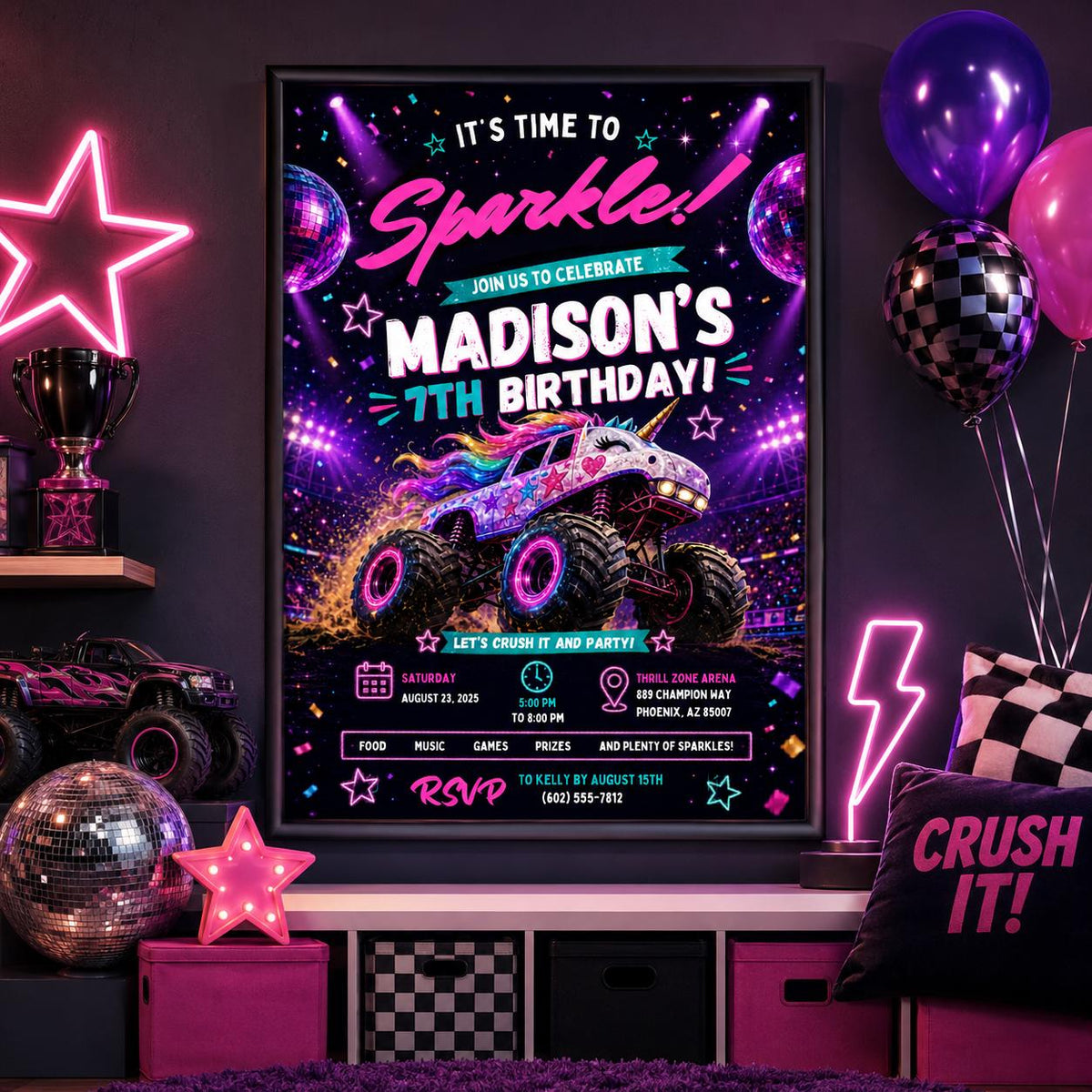 Editable Monster Birthday Invitation Canva Template, Pink Purple Girls Kids Cute Fun DIY Chic Teen Party Invite, Printable Digital Download.