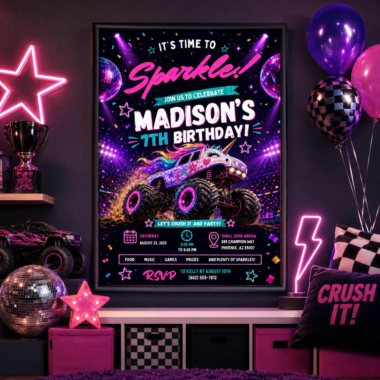 Editable Monster Birthday Invitation Canva Template, Pink Purple Girls Kids Cute Fun DIY Chic Teen Party Invite, Printable Digital Download.