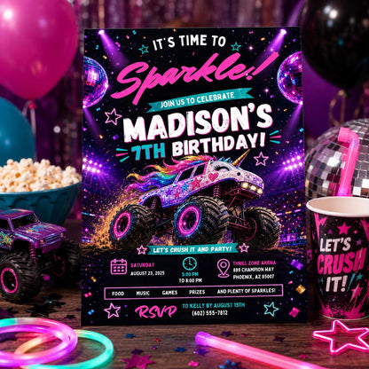 Editable Monster Birthday Invitation Canva Template, Pink Purple Girls Kids Cute Fun DIY Chic Teen Party Invite, Printable Digital Download.