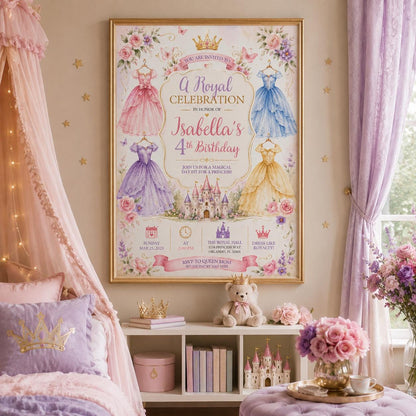 Editable Princess Birthday Invitation Canva Template, Luxury Girls Cute Modern Fun Themed DIY Chic Party Invite, Printable Digital Download.