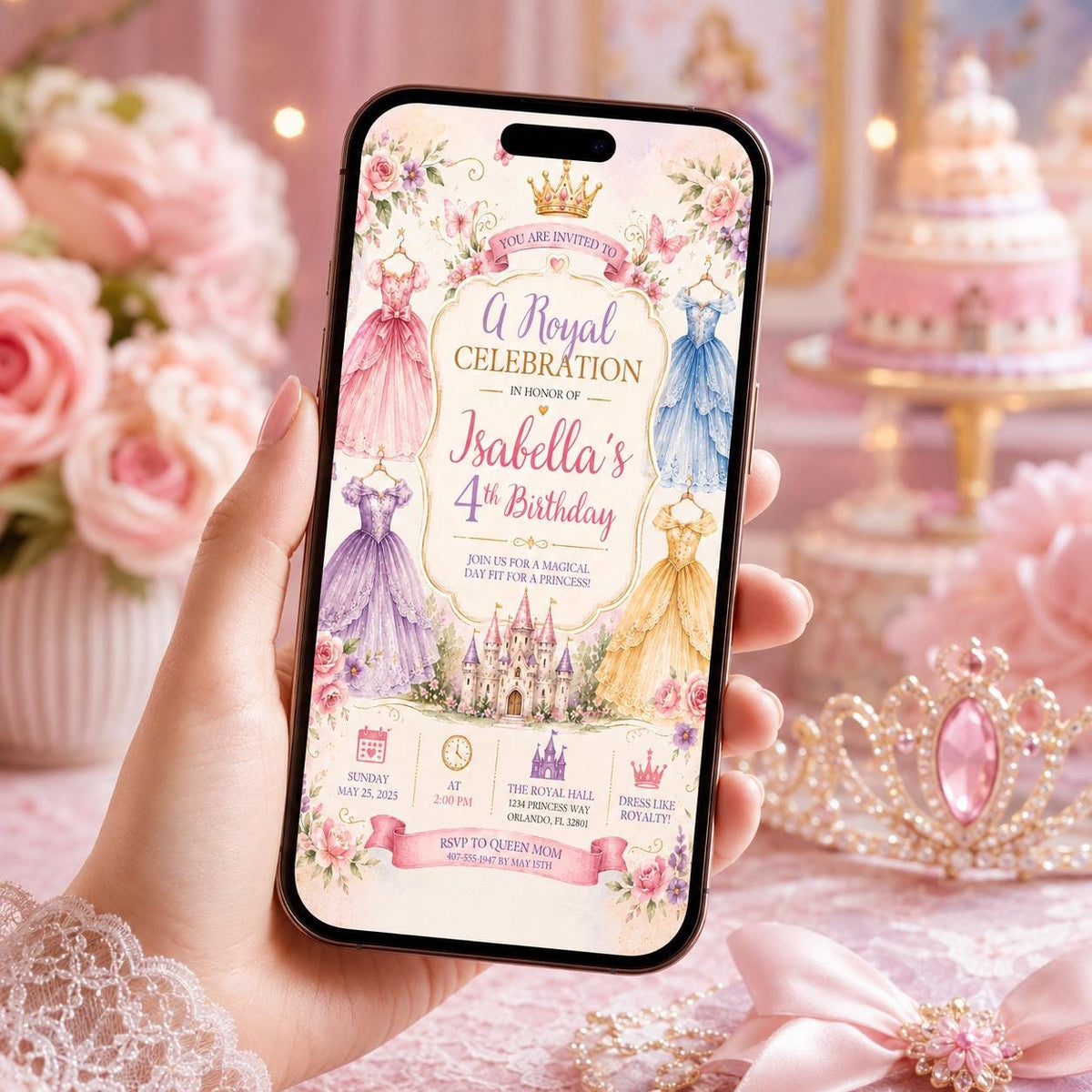 Editable Princess Birthday Invitation Canva Template, Luxury Girls Cute Modern Fun Themed DIY Chic Party Invite, Printable Digital Download.