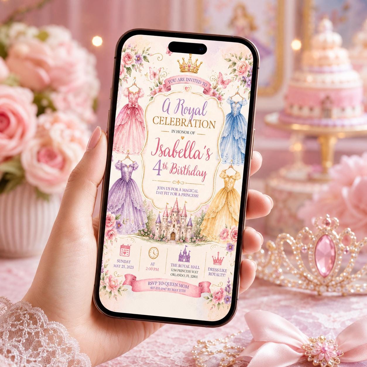 Editable Princess Birthday Invitation Canva Template, Luxury Girls Cute Modern Fun Themed DIY Chic Party Invite, Printable Digital Download.
