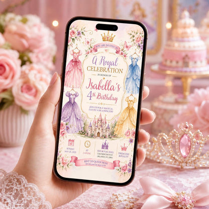 Editable Princess Birthday Invitation Canva Template, Luxury Girls Cute Modern Fun Themed DIY Chic Party Invite, Printable Digital Download.