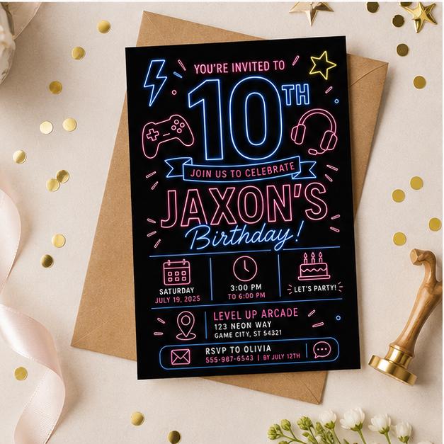 Editable Neon Glow Birthday Invitation Canva Template, Boys Kids Teens Neon Cute Fun DIY Chic Teen Party Invite, Printable Digital Download.