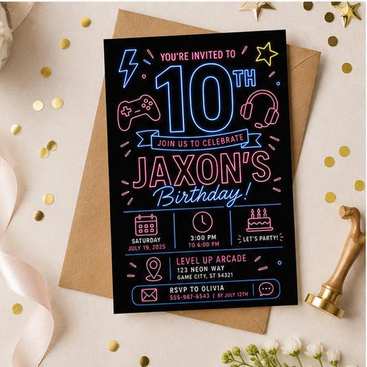 Editable Neon Glow Birthday Invitation Canva Template, Boys Kids Teens Neon Cute Fun DIY Chic Teen Party Invite, Printable Digital Download.