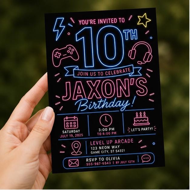 Editable Neon Glow Birthday Invitation Canva Template, Boys Kids Teens Neon Cute Fun DIY Chic Teen Party Invite, Printable Digital Download.