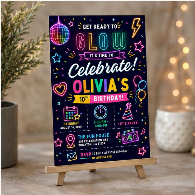 Editable Neon Glow Birthday Invitation Canva Template, Girls Kids Neon Cute Modern Fun Instant DIY Party Invite, Printable Digital Download.
