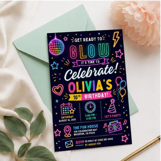 Editable Neon Glow Birthday Invitation Canva Template, Girls Kids Neon Cute Modern Fun Instant DIY Party Invite, Printable Digital Download.