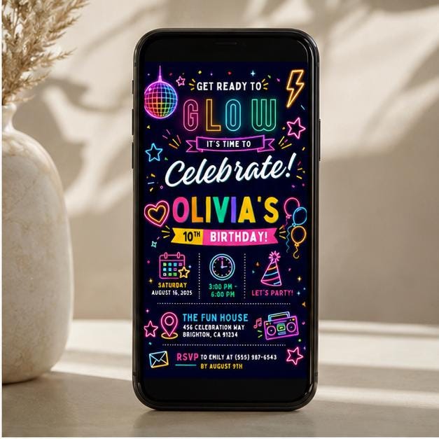 Editable Neon Glow Birthday Invitation Canva Template, Girls Kids Neon Cute Modern Fun Instant DIY Party Invite, Printable Digital Download.