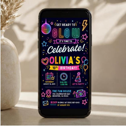Editable Neon Glow Birthday Invitation Canva Template, Girls Kids Neon Cute Modern Fun Instant DIY Party Invite, Printable Digital Download.