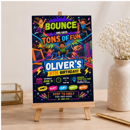 Editable Trampoline Park Birthday Invitation Canva Template, Kids Cute Modern Fun Themed DIY Sweet Party Invite, Printable Digital Download.
