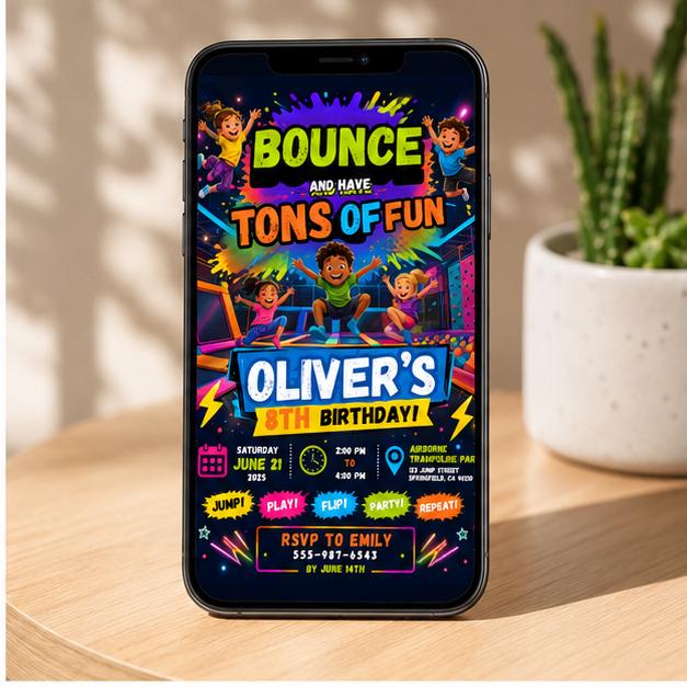 Editable Trampoline Park Birthday Invitation Canva Template, Kids Cute Modern Fun Themed DIY Sweet Party Invite, Printable Digital Download.