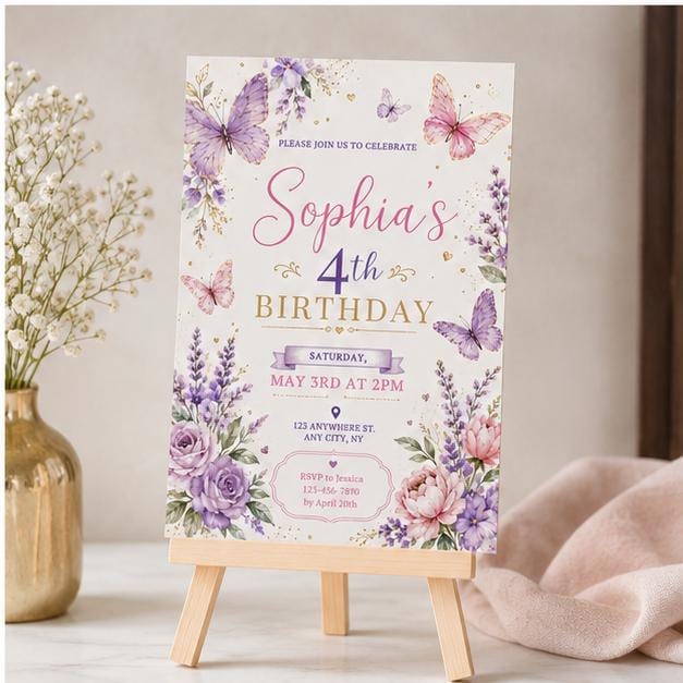 Editable Butterfly Birthday Invitation Canva Template, Pink Purple Floral Girls Cute Fun DIY Sweet Party Invite, Printable Digital Download.