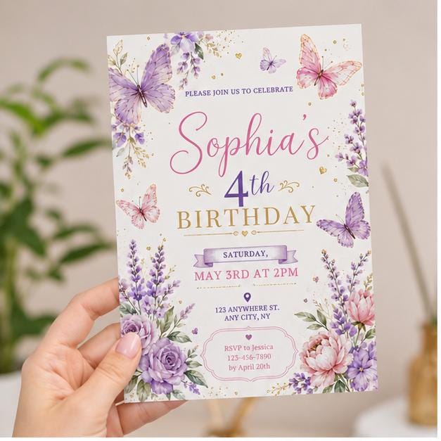 Editable Butterfly Birthday Invitation Canva Template, Pink Purple Floral Girls Cute Fun DIY Sweet Party Invite, Printable Digital Download.
