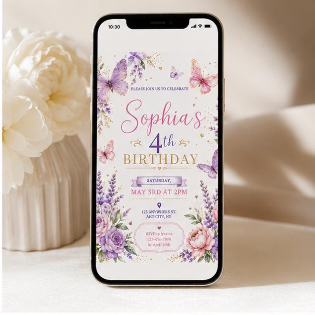 Editable Butterfly Birthday Invitation Canva Template, Pink Purple Floral Girls Cute Fun DIY Sweet Party Invite, Printable Digital Download.