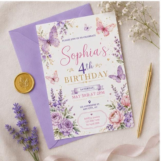 Editable Butterfly Birthday Invitation Canva Template, Pink Purple Floral Girls Cute Fun DIY Sweet Party Invite, Printable Digital Download.