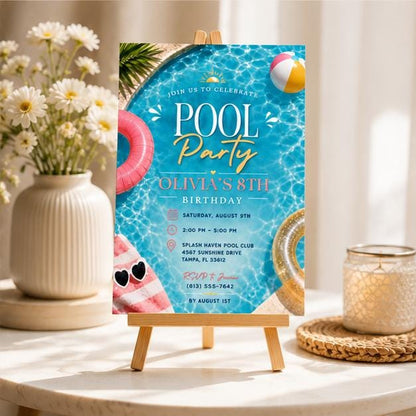 Editable Pool Birthday Invitation Canva Template, Black Groovy Kids Pool Cute Modern Fun DIY Sweet Party Invite, Printable Digital Download.