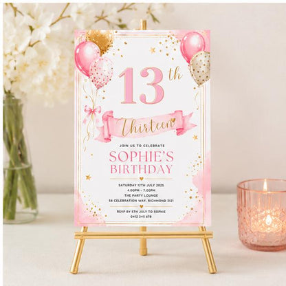 Editable Blue Birthday Invitation Canva Template, Floral Trendy Girls Teens Cute Fun DIY Chic Kids Party Invite, Printable Digital Download.