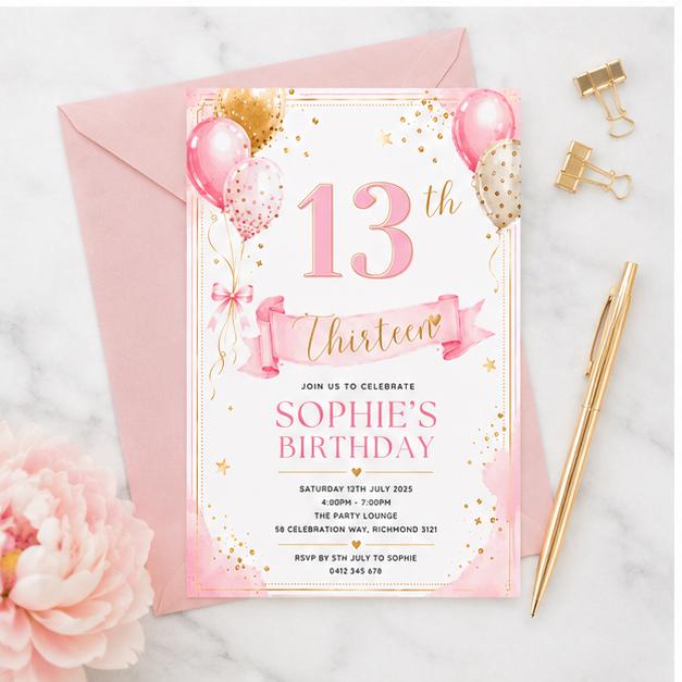 Editable Blue Birthday Invitation Canva Template, Floral Trendy Girls Teens Cute Fun DIY Chic Kids Party Invite, Printable Digital Download.