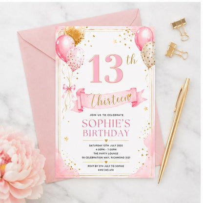 Editable Blue Birthday Invitation Canva Template, Floral Trendy Girls Teens Cute Fun DIY Chic Kids Party Invite, Printable Digital Download.