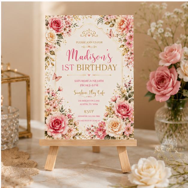 Editable Garden Birthday Invitation Canva Template, Floral Girls Kids Cute Fun DIY Sweet Chic Teen Party Invite, Printable Digital Download.