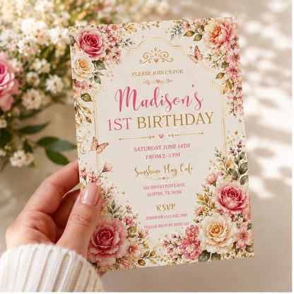 Editable Garden Birthday Invitation Canva Template, Floral Girls Kids Cute Fun DIY Sweet Chic Teen Party Invite, Printable Digital Download.