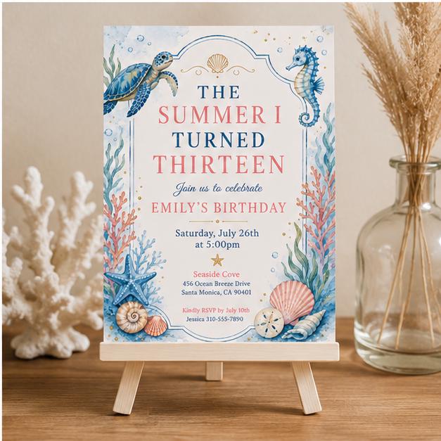 Editable Coastal Birthday Invitation Canva Template, Blue White Teens Adult Cute Fun DIY Chic Kids Party Invite, Printable Digital Download.