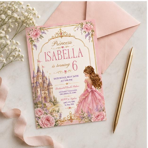 Editable Princess Birthday Invitation Canva Template, Girls Cute Modern Fun Themed Custom DIY Chic Party Invite, Printable Digital Download.