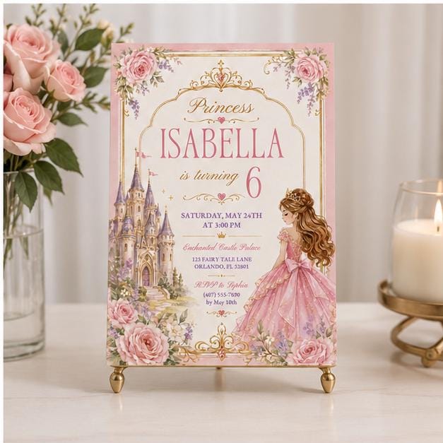 Editable Princess Birthday Invitation Canva Template, Girls Cute Modern Fun Themed Custom DIY Chic Party Invite, Printable Digital Download.