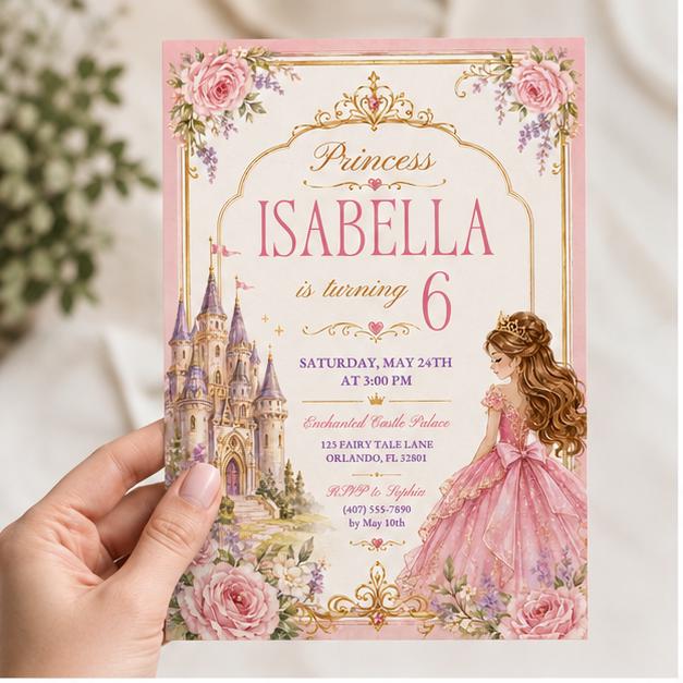 Editable Princess Birthday Invitation Canva Template, Girls Cute Modern Fun Themed Custom DIY Chic Party Invite, Printable Digital Download.