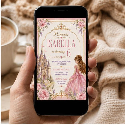 Editable Princess Birthday Invitation Canva Template, Girls Cute Modern Fun Themed Custom DIY Chic Party Invite, Printable Digital Download.