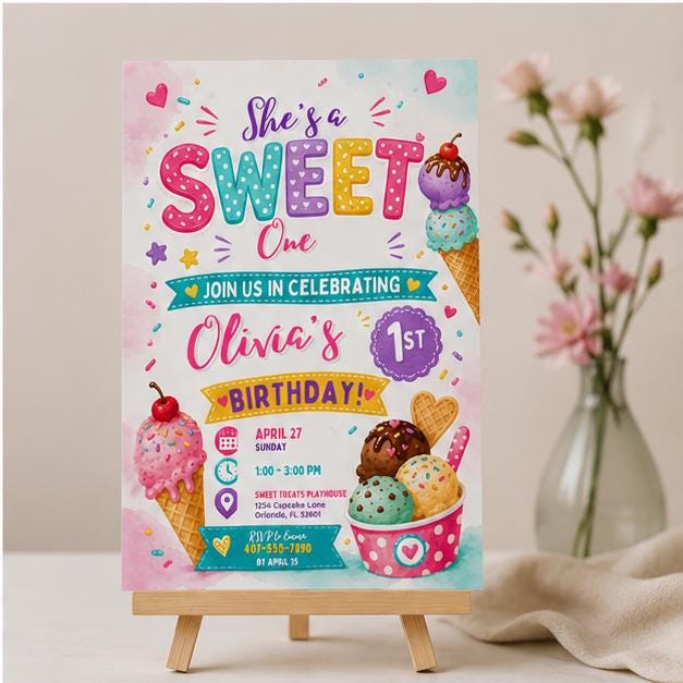 Editable Sweet Treats Birthday Invitation Canva Template, Cream Kids Sweet Cute Fun DIY Chic Tween Party Invite, Printable Digital Download.
