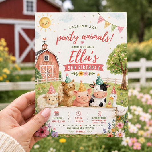 Editable Farm Animals Birthday Invitation Canva Template, Pink Green Kids Farm Cute Modern Fun DIY Party Invite, Printable Digital Download.