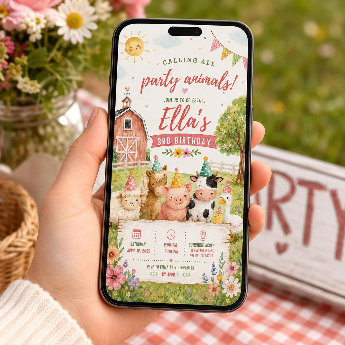 Editable Farm Animals Birthday Invitation Canva Template, Pink Green Kids Farm Cute Modern Fun DIY Party Invite, Printable Digital Download.