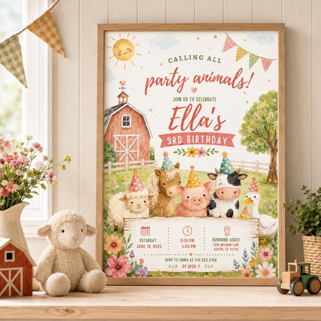 Editable Farm Animals Birthday Invitation Canva Template, Pink Green Kids Farm Cute Modern Fun DIY Party Invite, Printable Digital Download.