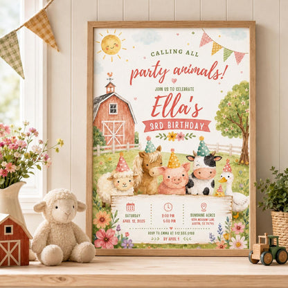 Editable Farm Animals Birthday Invitation Canva Template, Pink Green Kids Farm Cute Modern Fun DIY Party Invite, Printable Digital Download.