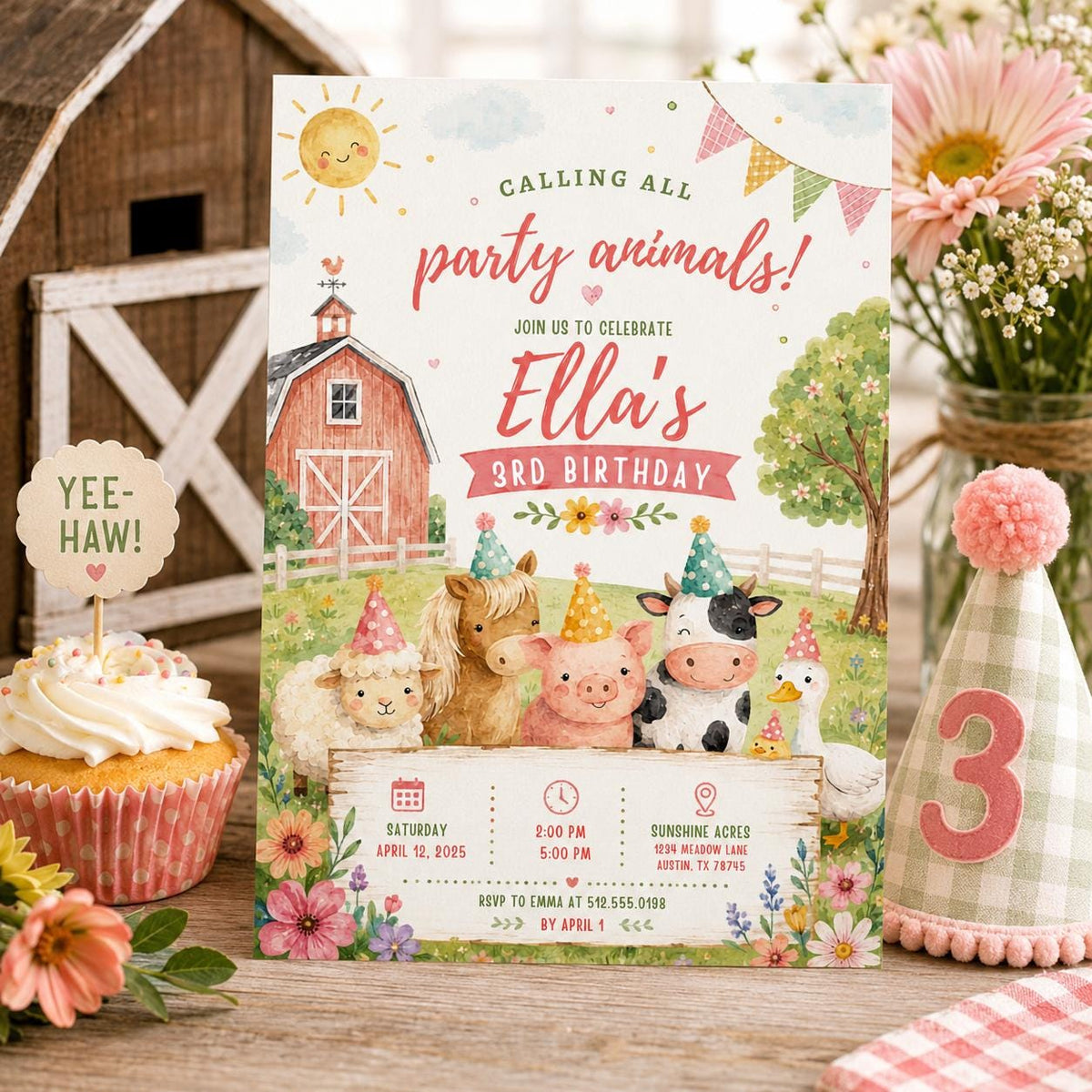 Editable Farm Animals Birthday Invitation Canva Template, Pink Green Kids Farm Cute Modern Fun DIY Party Invite, Printable Digital Download.