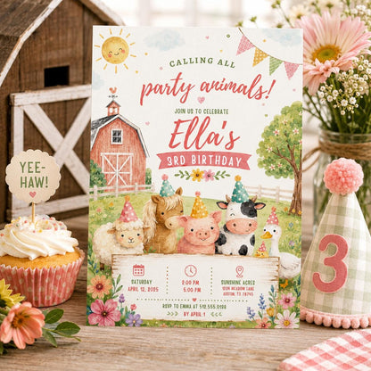 Editable Farm Animals Birthday Invitation Canva Template, Pink Green Kids Farm Cute Modern Fun DIY Party Invite, Printable Digital Download.