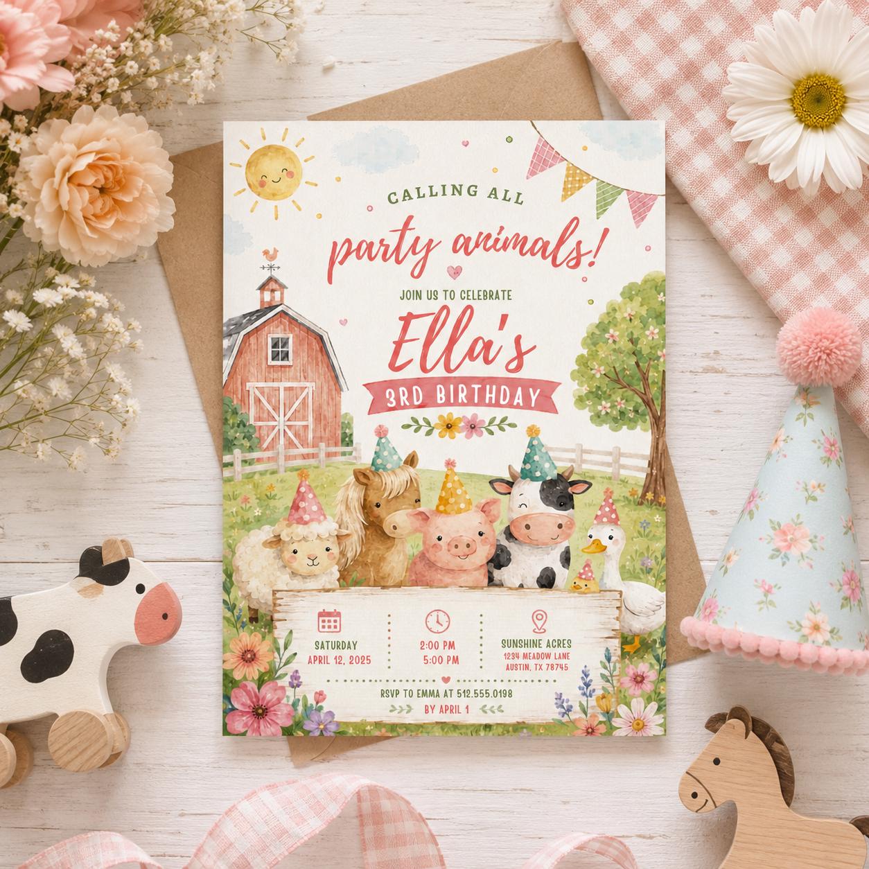 Editable Farm Animals Birthday Invitation Canva Template, Pink Green Kids Farm Cute Modern Fun DIY Party Invite, Printable Digital Download.